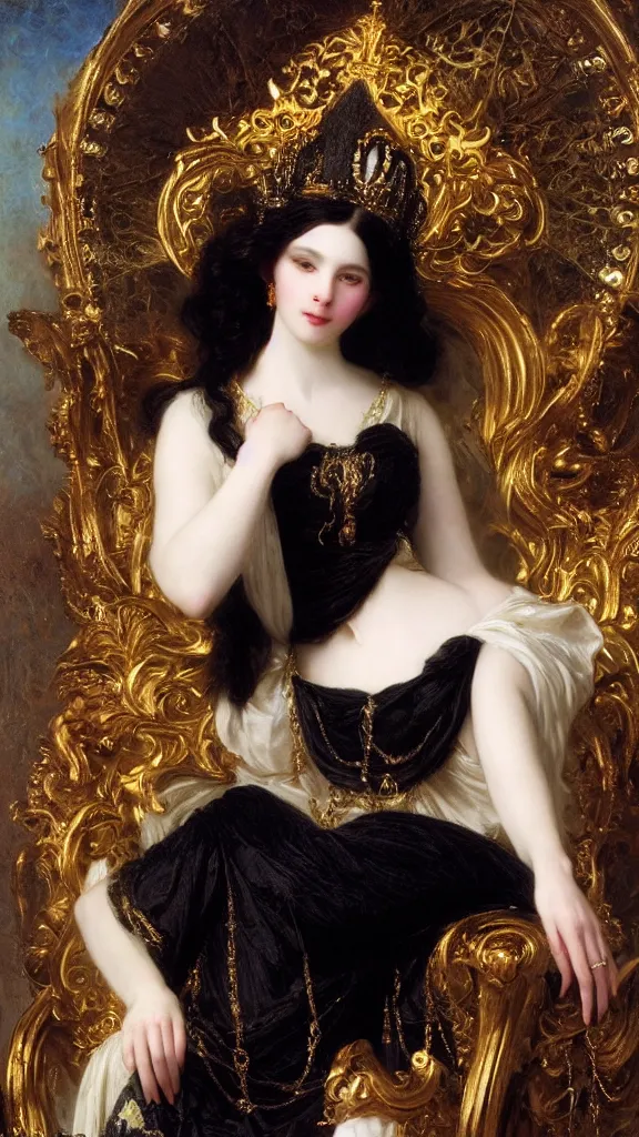 Image similar to a beautiful black haired woman with pale skin and a crown on her head sitted on an intricate metal throne by franz xaver winterhalter and delphin enjolras and rebecca guay