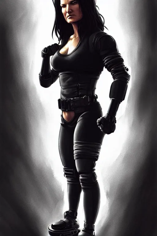 Image similar to gina carano with robotic left arm, casual black clothing, muscular, realistic proportions, casual pose, large portrait, cyberpunk, shadowrun, rpg character, digital painting, artstation, concept art, smooth, 8 k frostbite 3 engine, ultra detailed, art by artgerm and greg rutkowski and magali villeneuve