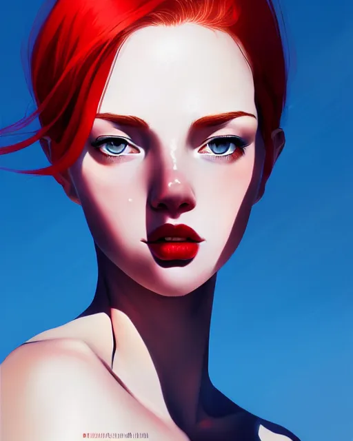 Image similar to a detailed portrait of an attractive woman with red hair and freckles by ilya kuvshinov, digital art, dramatic lighting, dramatic angle