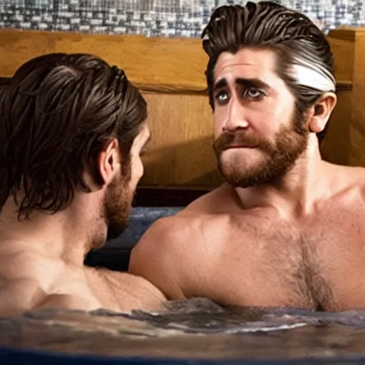 Image similar to a movie poster of cowboy Jake Gyllenhaal sitting in a hot tub