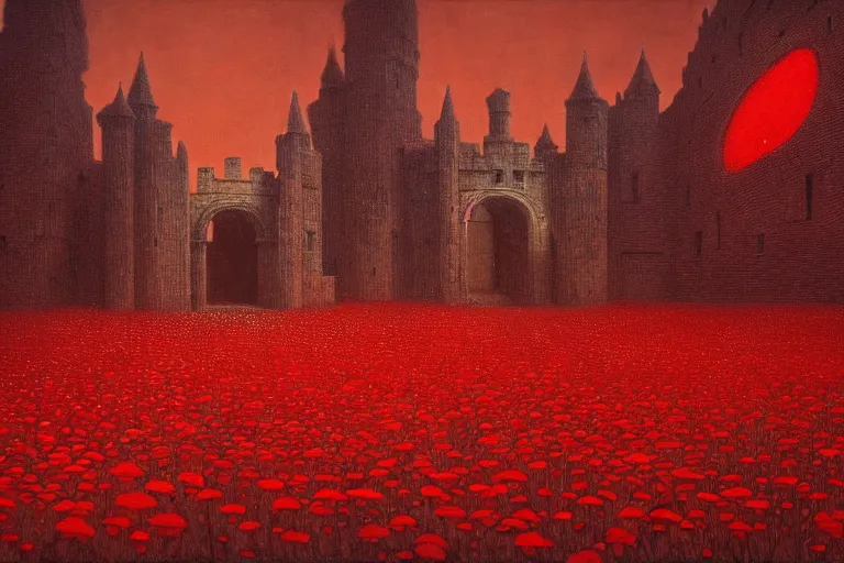 Image similar to only with red, red flowers of different types, a red tiger, a castle in the background, medieval demons dance over the flowers, an ancient path, in the style of beksinski, part by hopper, part by rodcenko, part by hofbauer, intricate composition, red by caravaggio, insanely quality, highly detailed, masterpiece, red light, artstation