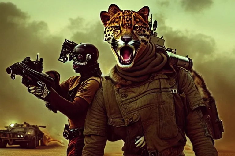 Prompt: a good ol'jaguar fursona ( from the furry fandom ), heavily armed and armored facing down armageddon in a dark and gritty version from the makers of mad max : fury road. witness me.