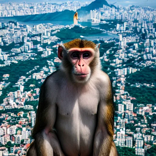 Image similar to high quality portrait of a monkey in front of Christ The Redeemer, studio photograph, photograph, realistic photo, 8k photo, 4k photo, stock photo, high resolution, cinematic shot, high detail