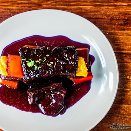 Prompt: braised short rib in red wine reduction from taco bell ( eos 5 ds r, iso 1 0 0, f / 8, 1 / 1 2 5, 8 4 mm, postprocessed, 4 k )