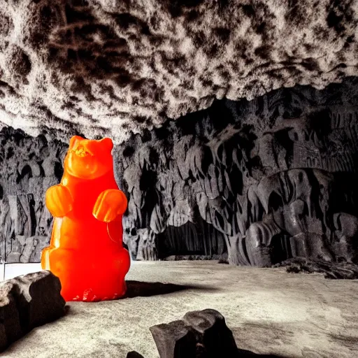 Image similar to a stunning image of a giant gummy bear on a pedestal, many people worshipping, dark cave like surrounding.