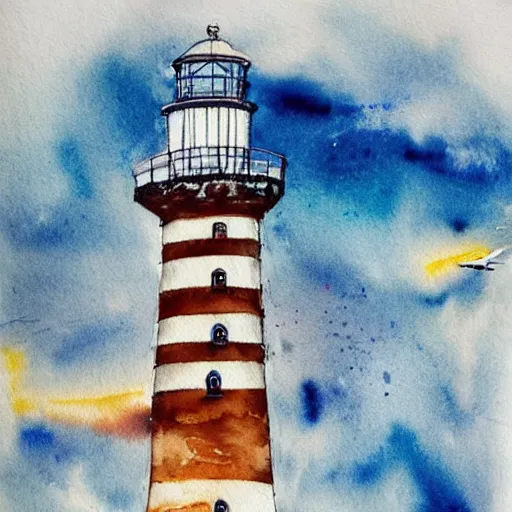 Image similar to Complex hyperdetailed serene masterpiece sketch of a captivating lighthouse, sailboats soaring in the wind, by Orris Moe, complex detailed watercolor painting, cinematic lighting, illogical surrealsim, absurd.