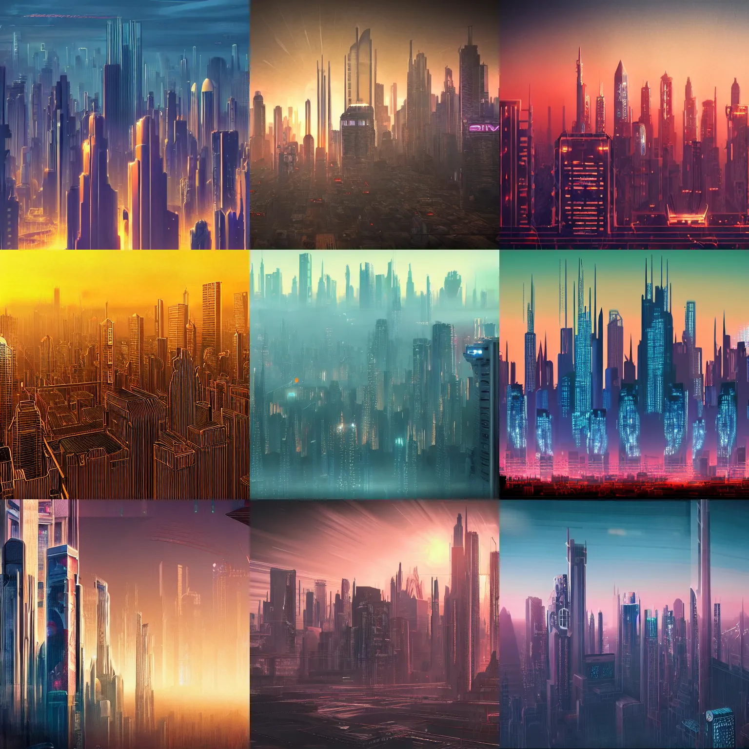 Prompt: beautiful detailed hyperrealistic photo of a cyberpunk art deco skyline at dawn