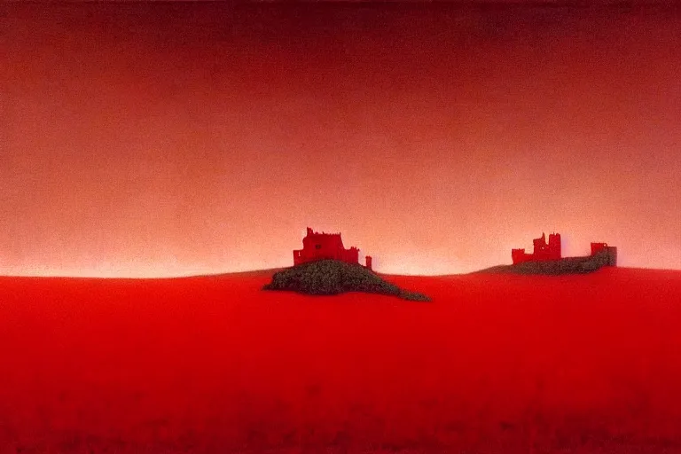 Image similar to only with red, in a red dream world, a crimson tiger, a big deal, a red fox, a castle in the background, in the style of beksinski, part by hopper, part by rodcenko, part by hofbauer, intricate composition, red by caravaggio, insanely quality, highly detailed, masterpiece, red light, artstation