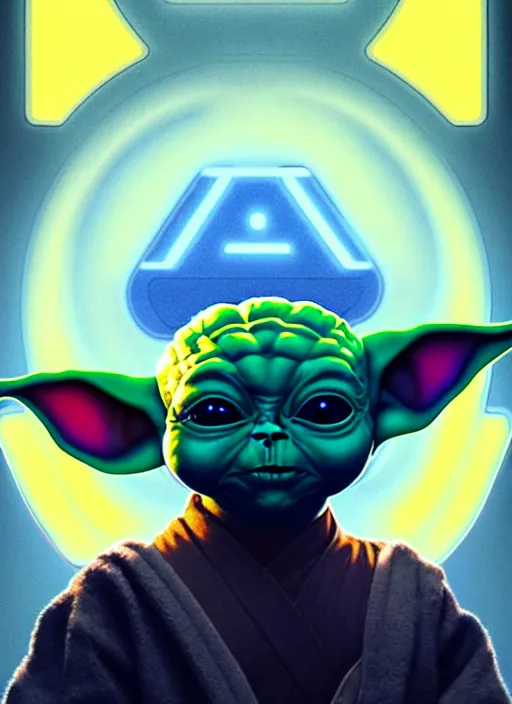 Image similar to symmetry!! portrait of baby yoda, sci - fi, tech wear, blue and yellow glowing lights!! intricate, elegant, highly detailed, digital painting, artstation, concept art, smooth, sharp focus, illustration, art by artgerm and greg rutkowski and alphonse mucha