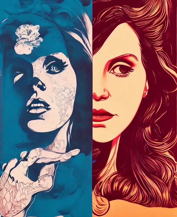 Image similar to lana del rey by tristan eaton, victo ngai, triadic color scheme, edward hopper, beksinski, nicola samori, hyperrealism, intricate detailed, risograph