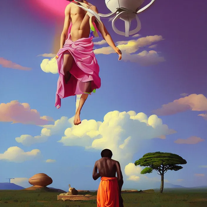 Prompt: UFO hovering over an African Jesus , clouds, colourful, painting by Hsiao-Ron Cheng,