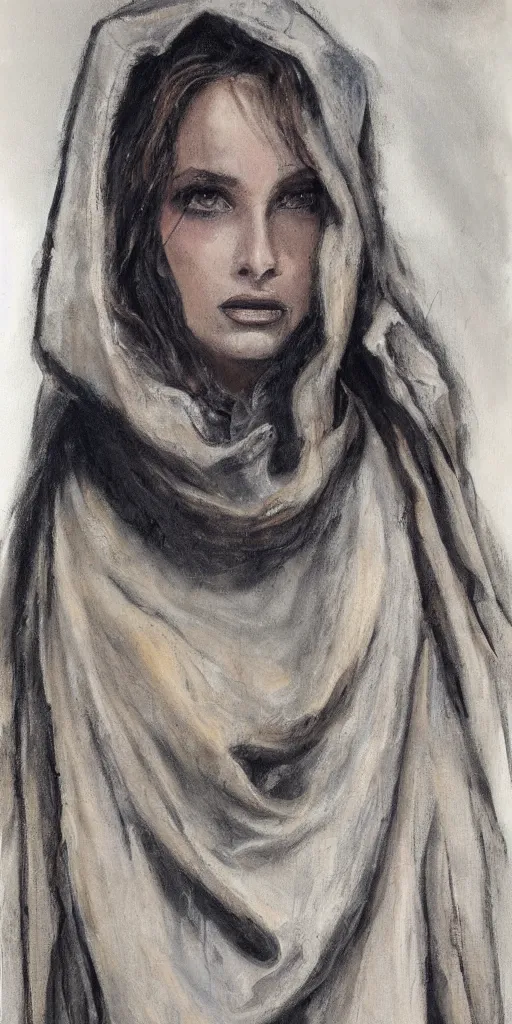 Image similar to boneyard cowl, fashion sketch 1 3 2 4. wet - on - wet grisaille on canvas, private collection