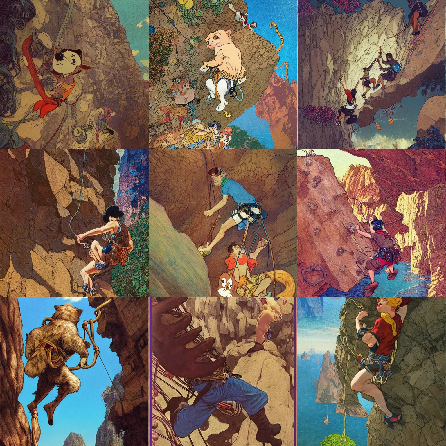 Prompt: vintage cartoon animals rock climbing illustration, 4 k post - processing highly detailed by wlop, junji murakami, mucha klimt, sharandula, hiroshi yoshida, artgerm, craig mullins