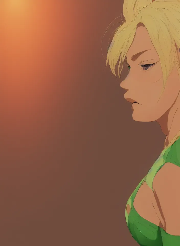 Image similar to beautiful blond woman in orange tribal bikini, blond hair pulled back off the face, green eyes, by makoto shinkai, 8 k, high resolution render, cinematic color grading, clean lineart and flat color,
