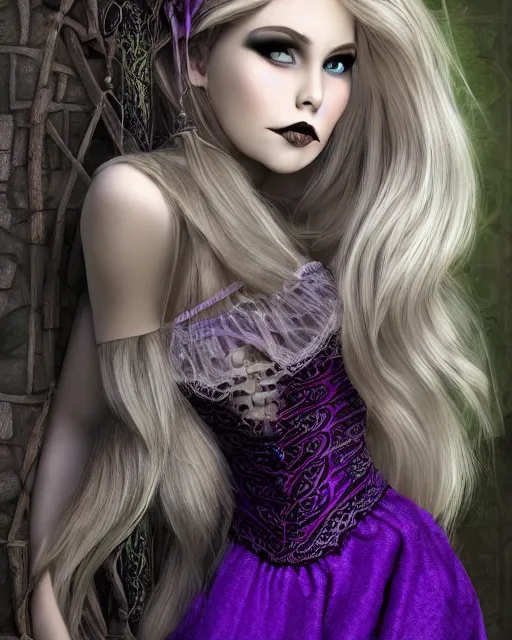 Prompt: Portrait of Gothic Rapunzel, blonde hair in a braid, purple lace dress, hyper realistic, beautiful face, Gothic background