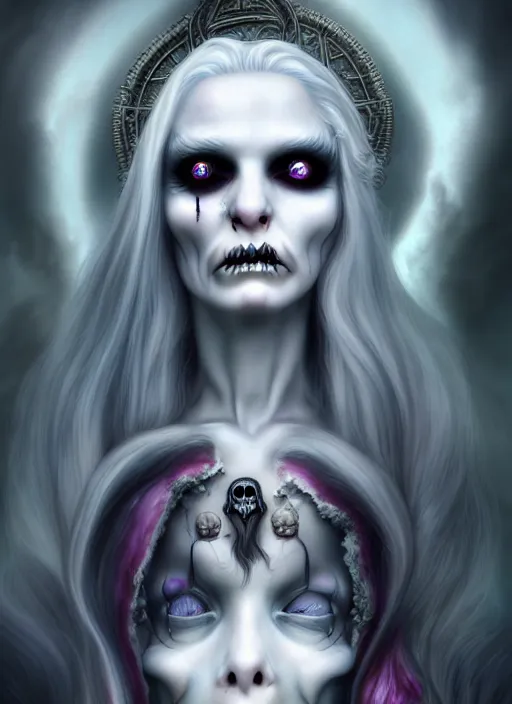 Prompt: goddess of death in a cemetary, white hair, decaying face, cool colors, digital painting, realism, extreme detail, trending on artstation, by natalie shau and hans zatzka