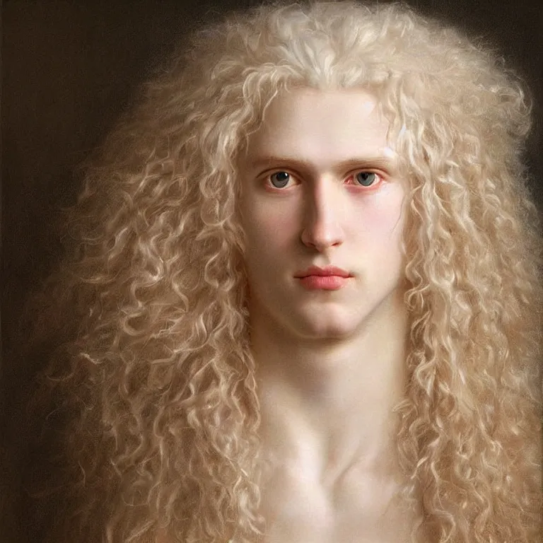 Image similar to a striking hyper real painting of Lucius the pretty pale androgynous albino prince, golden hour, beautiful delicate smile soft pink lips and lavender eyes, long fluffy curly light blond hair by Jan Matejko