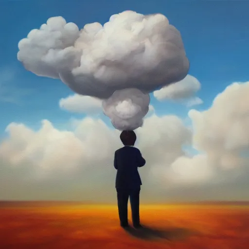 Prompt: Head in the clouds, surreal painting, trending on artstation