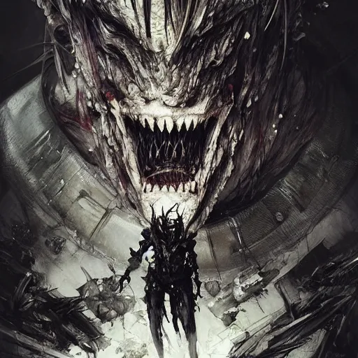 Image similar to toothy monster on a battlefield of destruction by Tsutomu Nihei, by Emil Melmoth, by stuz0r, Craig Mullins, yoji shinkawa, cross, artstation, peter morbacher, young, very attractive, pretty face, hyper detailed, very detailed, rendering by octane, shallow depth of field, uplight