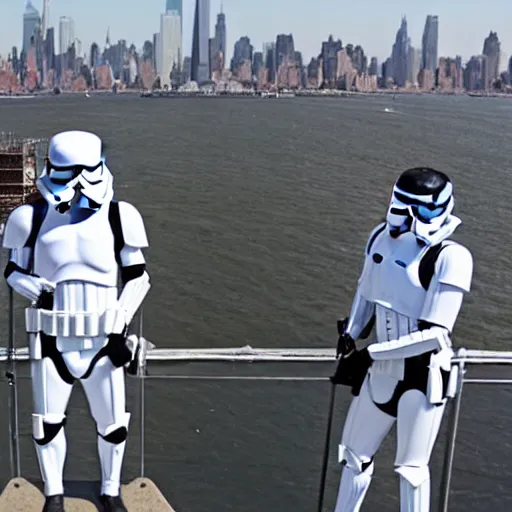 Image similar to storm troopers standing on top of the statue liberty in new york