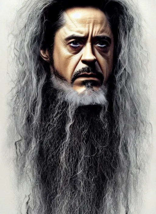 Prompt: robert downey jr. as evil saurman the white, long white hair and beard, by alan lee, lord of the rings, smooth, oil painting, matte painting, concept art, trending on artstation, promotional artwork, film still, elegant, photorealistic facial features, intricate, detailed face, cinematic lighting