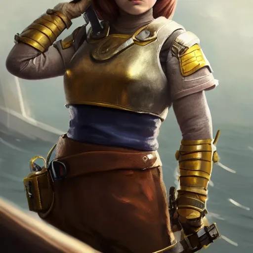 Prompt: a dramatic portrait of a short female gnome mechanic with cropped brown hair, instead of one arm she has one prosthetic metallic gauntlet, standing on a ship deck by Greg Rutkowski, ultra realistic, photorealistic 8k, cinematic lighting, HD, high detail, atmospheric, trending on artstation