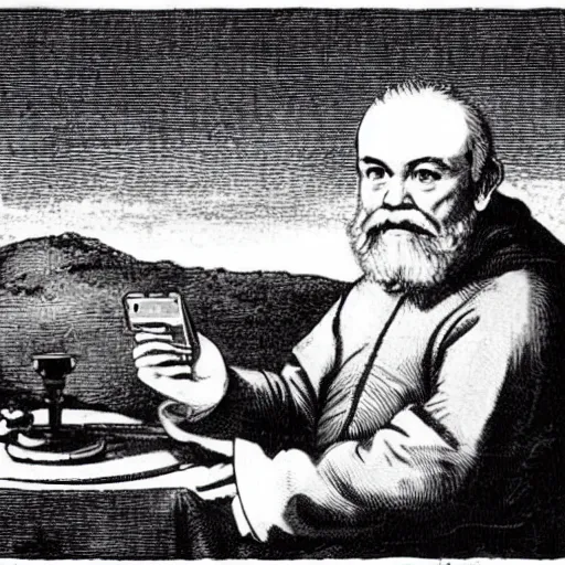 Image similar to galileo galilei taking a picture of jupiter using his smartphone