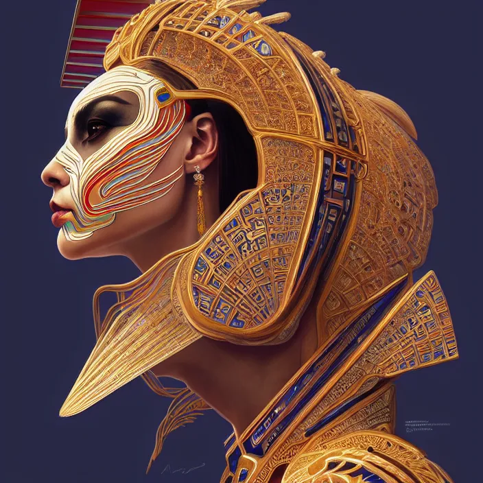 Image similar to symmetry! portrait of a sphinx!!, face decorated with chinese opera motifs, leds horizon zero dawn machine, intricate, elegant, highly detailed, digital painting, artstation, concept art, smooth, sharp focus, illustration, art by artgerm and greg rutkowski and alphonse mucha, 8 k