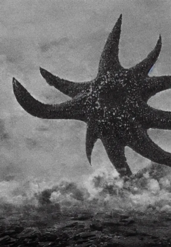 Image similar to a filmstill of a north korean monster movie, kaiju - eiga monster starfish - like trampling a traditional korean palace, foggy, film noir, epic battle, etheral, explosions, communist propaganda, communist epic thriller, by akira kurosawa and wes anderson video compression