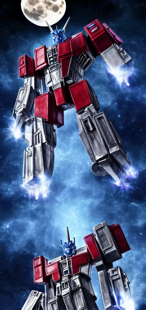 Image similar to transformers optimus prime fighting along megatron against unicorn to save earth under moon :: detailed portrait, high definition, cinematic