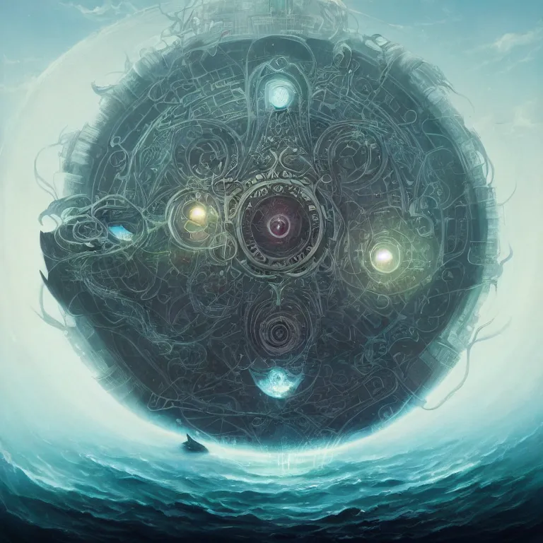 Image similar to Giant Floating Circular Ancient Sacred Sublime Cosmic Structure by Peter Mohrbacher