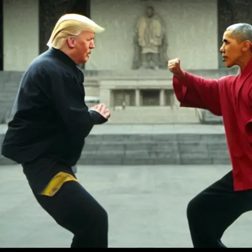 Image similar to Donald Trump versus Obama, kung fu fight, film still from the 36th Chamber of Shaolin