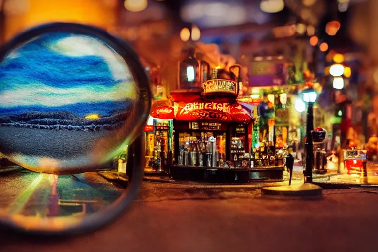 Image similar to an irish pub, digital art, sunset, beautiful lighting, by Yoshitaka Amano, happy atmosphere, trending on artstation, depicted as a needle felt diorama, macro photograph, 24mm Sigma lens f8