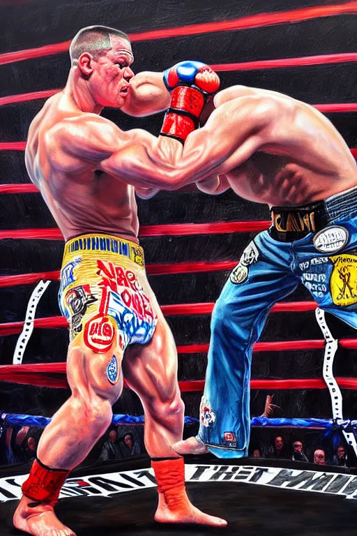 Image similar to john cena fight with eminem, battle rap, california, this painting contains only two people, so no need for any other body additions, sweat, cinematic, ultra realistic, photo epic of the year, hyper detail, complicated, baroque, fit proportions,