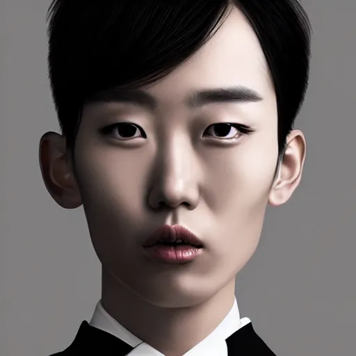 Image similar to portrait of a beautiful korean girl wearing a men's tuxedo, with short messy hair, men's haircut, angular features, angry expression, digital art, elegant pose, detailed illustration