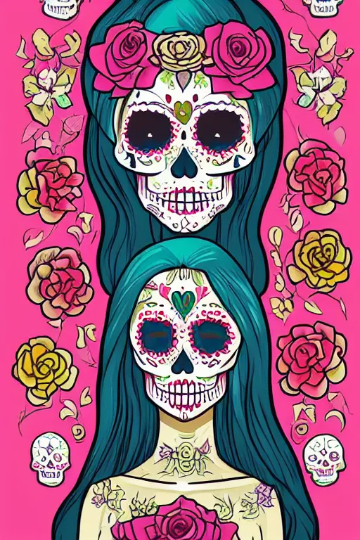 Prompt: illustration of a sugar skull day of the dead girl, art by kazuhiko nakamura