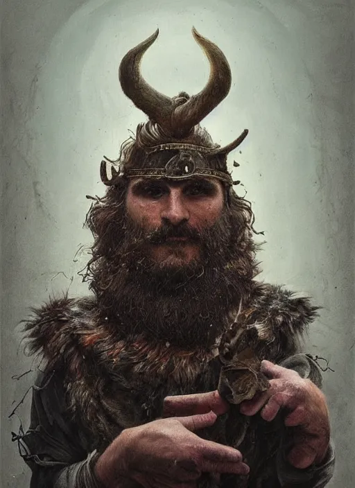 Prompt: a hyper detailed painting of joaquin phoenix with a viking crown, cow horns, pig nose, sheep wool, chicken feather armor, horror, by anna podedworna, by miklos ligeti, by diego maricato, by taran fiddler, by antonino truisi, by chris reddie, by jinsung lim, trending on artstation