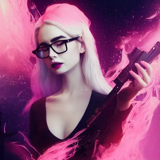 Prompt: abeautiful + blonde + dragon queen + white hair + cool black glasses + holding pistol + tights + lily collins + black pink + lisa, floating under the deep dream water, beautiful smooth soft light + white petal, oil paint, cinematic lighting, octane render, unreal engine 5, closeup, 4 k, highly detailed, instagram,