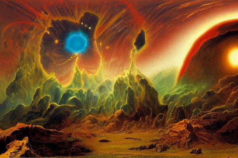 Image similar to mesozoic cosmic upheaval turmoil landscape in the style of dr. seuss, orbital laser bombardment, painting by albert bierstadt