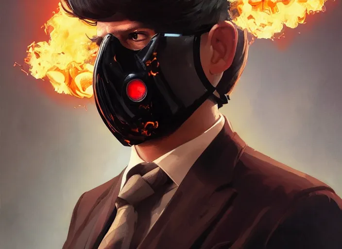 Prompt: a man wearing a suit, wearing a mask made of fire, emitting smoke and sparks, fantasy, cinematic, fine details by realistic shaded lighting poster by ilya kuvshinov katsuhiro otomo, magali villeneuve, artgerm, jeremy lipkin and michael garmash and rob rey