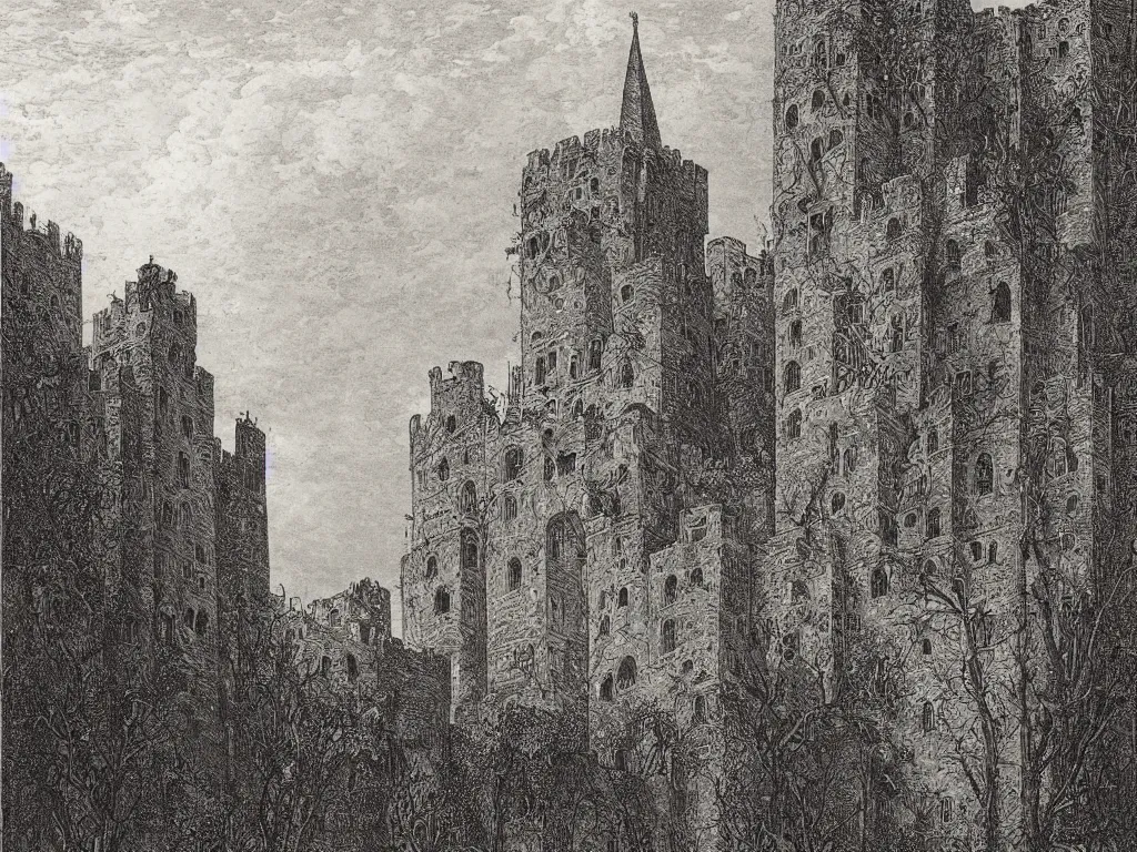 Prompt: “An engraving of the ivy-covered towers of Castle Gormenghast by Gustave Dore”