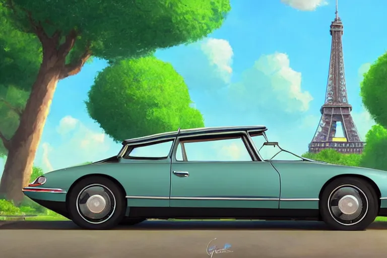 Image similar to a wholesome beautiful animation key shot of!! one!! focused!! 1 9 7 4 citroen ds!! in a tree lined paris street, slight view of eiffel tower, medium shot, studio ghibli, ( pixar ) and disney animation, sharp, very detailed, high resolution, rendered in unreal engine 5, anime key art by greg rutkowski, bloom, dramatic lighting