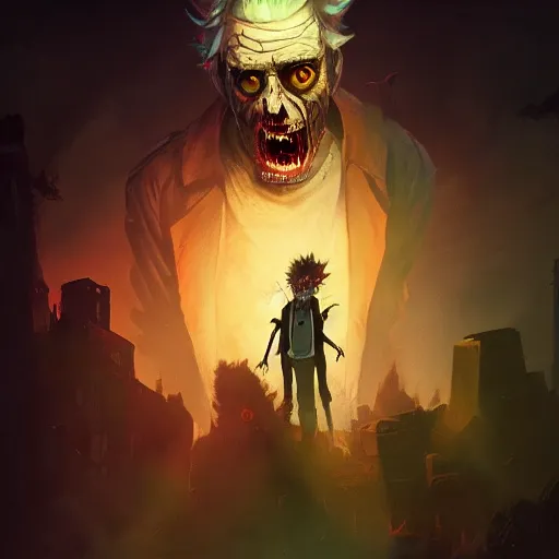 Prompt: Rick Sanchez as a zombie, trending on artstation, ultra detailed, 8k, character illustration by Greg Rutkowski, Thomas Kinkade.