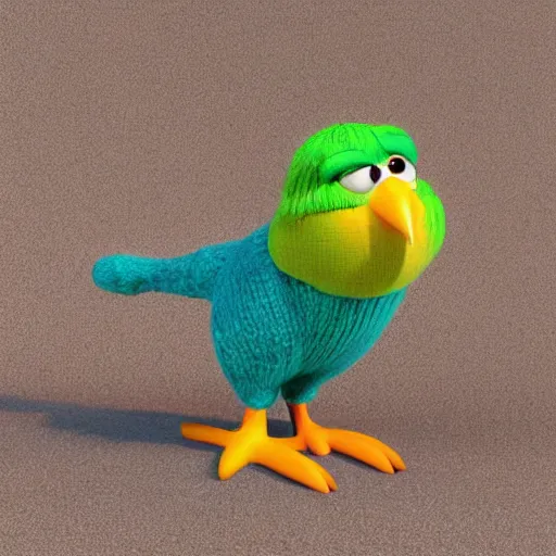 Prompt: anthropomorphic cute bird character wearing a knitted sweater, Disney Pixar, in the style of claymation, high detail, detailed feathers and fur, 3d render