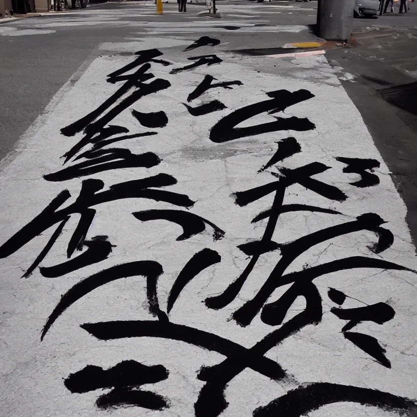 Image similar to a beautiful calligraphic kanji painted on the street, akira style, hyper realistic, natural light