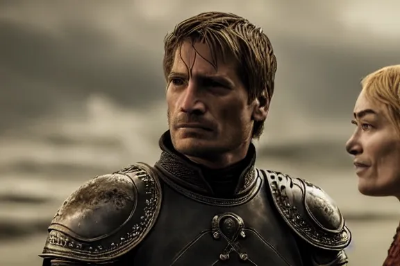 Image similar to very very intricate photorealistic photo of jaime lannister fighting cersei, photo is in focus with detailed atmospheric lighting, award - winning details