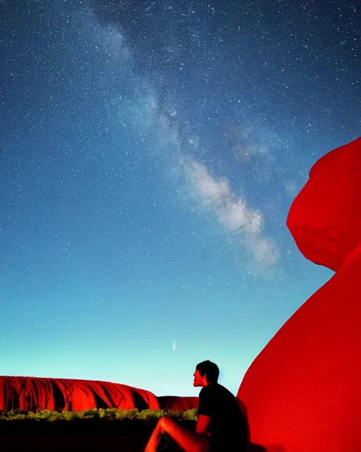 Image similar to man sitting at uluru, medicine drum, night sky, small fire, cosmic sky