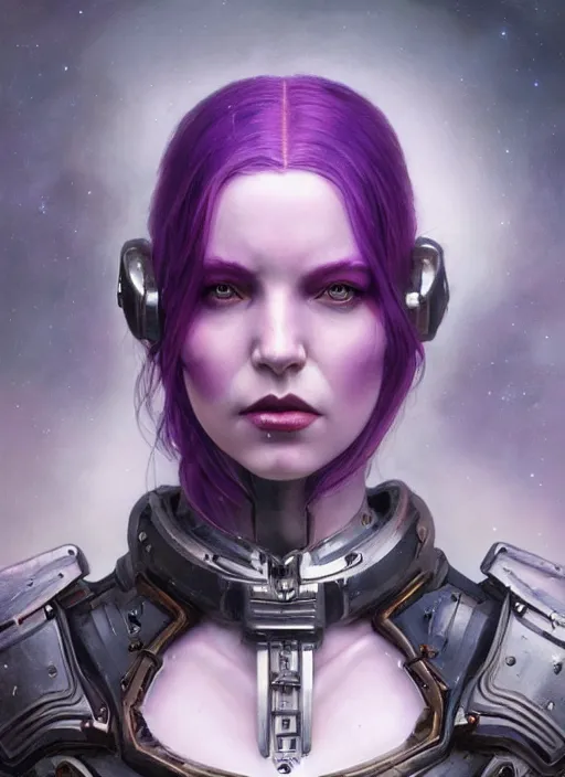 Prompt: a hyper detailed face portrait of a pale woman with purple hair in sci - fi cybernetic armor, diablo 4 lilith, sideshow figurines, by tom bagshaw, artgerm, dorian cleavenger, greg rutkowski, wlop, astri lohne, zdzisław beksinski trending on artstation