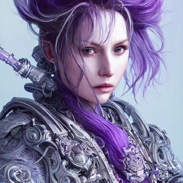 Image similar to close facial portrait of a pale woman in sci - fi armor with a flowing purple, elegant, stoic, intense, ultrafine hyperdetailed illustration by kim jung gi, irakli nadar, intricate linework, sharp focus, bright colors, octopath traveler, final fantasy, hearthstone, highly rendered, global illumination, radiant light, detailed, intricate environment