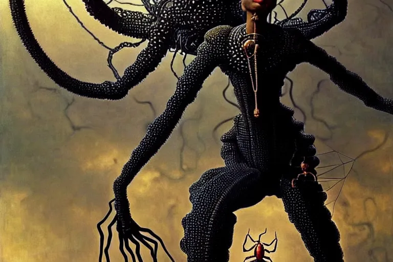 Image similar to realistic detailed portrait movie shot of a beautiful black woman riding a giant spider, dystopian city landscape background by denis villeneuve, amano, yves tanguy, alphonse mucha, max ernst, ernst haeckel, kehinde wiley, caravaggio, jean delville, david lynch, roger dean, cyber necklace, rich moody colours, sci fi patterns, dramatic, wide angle